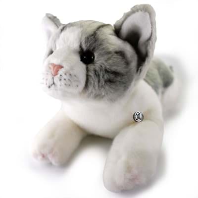 Bild von Katze Kuscheltier grau-weiß Plüschtier Plüschkatze liegend MIZI